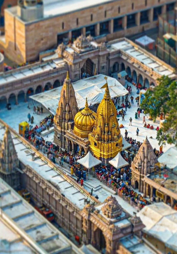 Varanasi Ghats at sunset with ceremonies in progress